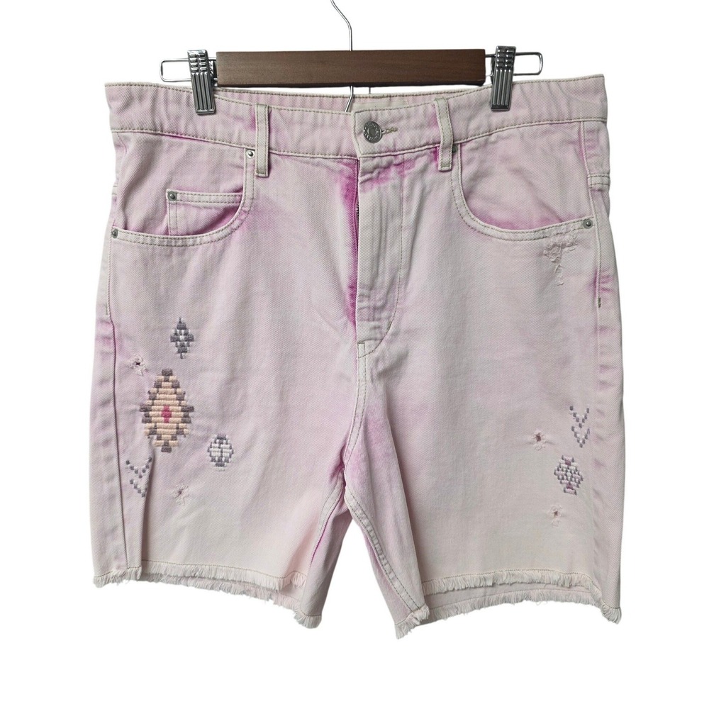 Isabel Marant Etoile Denim Shorts Womens 40 Pink Embroidered Boho Raw Hem Summer
